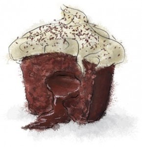 Recipe illustration for chocolate cupcake with molten truffle core