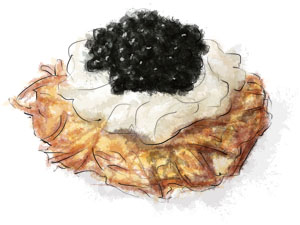 Potato rosti, sour cream and caviar illustration for rosti recipe