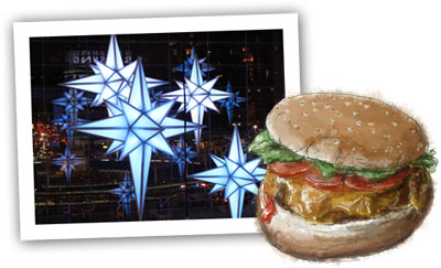 Cheeseburger illustration and the Columbus circle lights