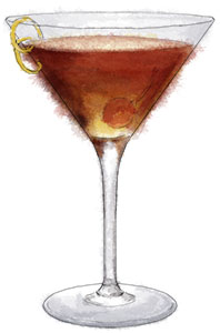 An illustration of a Manhattan for a Manhattan cocktail recipe