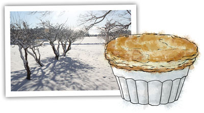 Pot pie and snow to illustrate chicken pot pie recipe