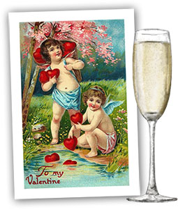 Vintage Valentines card and champagne for Valentines day