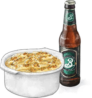 Mac And Cheese illustration with beer for the greatest truffle mac n cheese recipe