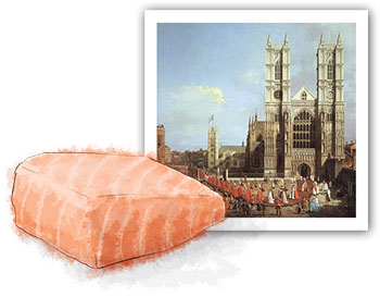 Salmon illustration and painting of Westminster by Canaletto