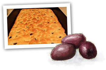 Focaccia and olives illustration for easy focaccia recipe