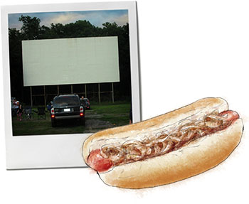 Drive in movies and hot dog illustration - the perfect summer