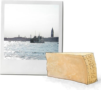 Venice photo and parmesan cheese illustration for summer risotto recipe