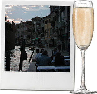 Bellini illustration and a photo of venice for the perfect summer cocktail