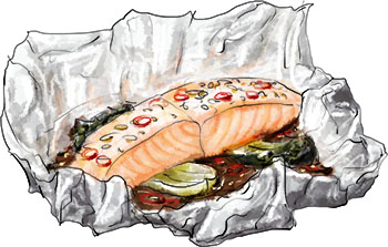 Ginger salmon illustration with Bok Choi for spicy asian salmon