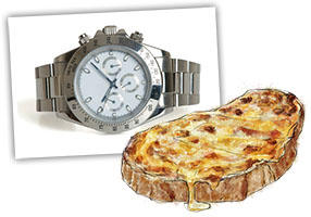 watch and a welsh rarebit illustration for recipe